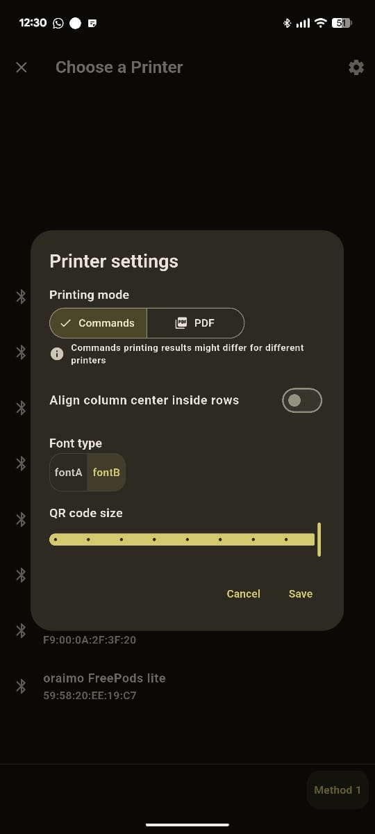 Printer Settings Screen